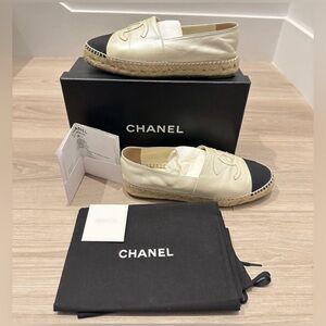 Authentic Chanel Metallic Calfskin Grosgrain Espadrilles